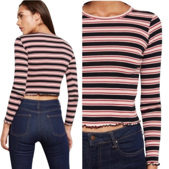 TOPSHOP Y2K Multi Striped Crop Lettuce Top Red Black Cream Size 2 - Picture 1 of 11